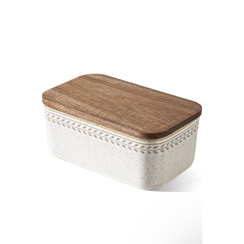Farmhouse Ceramic Butter Dish Airtight Acacia Wood Lid Embossed Butter Keeper